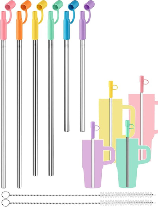NiHome 6PCS Reusable Anti-Wrinkle Straw Set Fit for Stanley Tumblers, 3 Lengths Stainless Steel Drinking Straws with Silicone Tips Fit for 14oz 20oz 30oz 40oz, Protective Caps & Brushes (6 Colors)