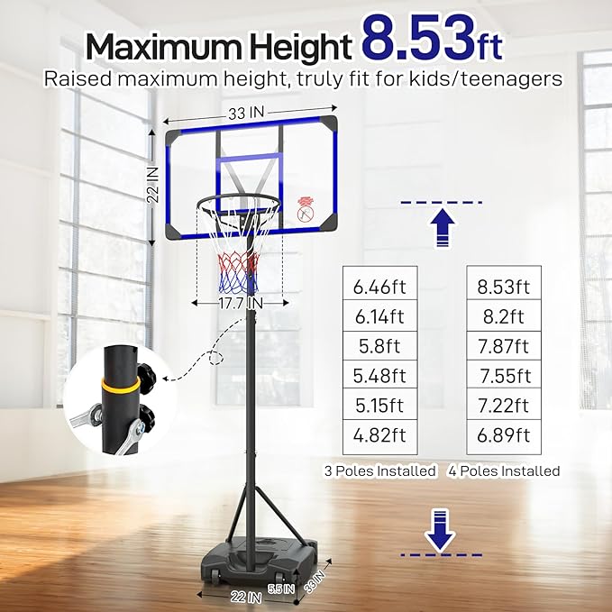 Kids Basketball Hoop Outdoor 4.82-8.53ft Adjustable, Portable Basketball Hoops & Goals for Kids/Teenagers/Youth in Backyard/Driveway/Indoor, with Enlarged Base and PC Backboard