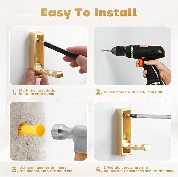 Folding Coat Hooks, 2Pcs Foldable Heavy Duty Wall Hooks Zinc Alloy No Rust Fold Up Hooks for Coat, Towel, Key, Hat, Bag, Jacket, Backpack. (Gold)