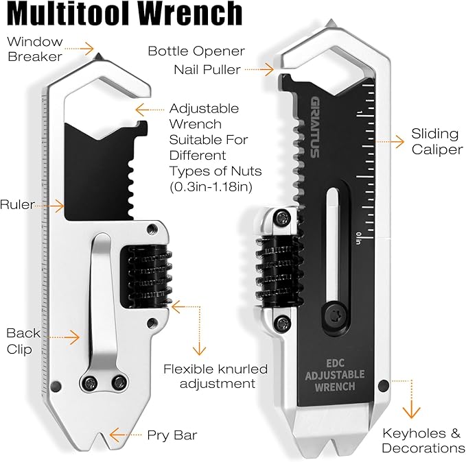 Small Multitool Wrench 9 in 1 Pocket Adjustable Wrench for Screw with Mini Pry Bar Nail Puller Keychain Tool Caliper Measuring Ruler Glass Breaker EDC Gadget Survival Gear for Men Cycling Hiking