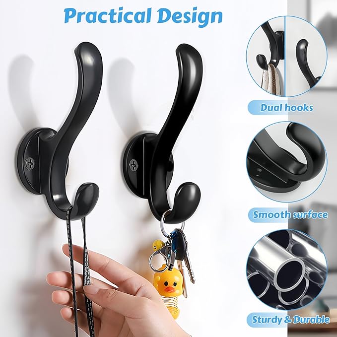 10 Pack Coat Hooks Wall Mount Heavy Duty Utility Retro Double Hooks for Hanging Coats,Hat, Towel, Key, Robe, Scarf, Bag, Cap (Black)