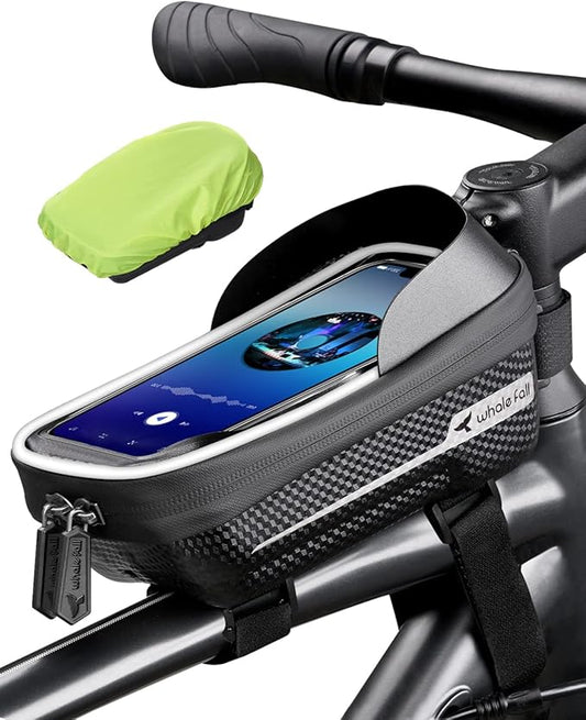 whale fall Hard Casing Bike Bag, Bike Accessories for Adult Bikes, Gifts for Men, Mens Gifts for Birthday,Bicycle Enthusiasts,Sturdy/Lighter/Waterproof, 4” - 7” Cellphone, Black-Reflective Strip