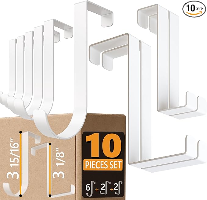 Over the Door Hooks 6+2+2 Cruise Must Haves Set, White - Coat Hanger 6 pcs fits 1 3/8" + Towel Holder 2 pcs fits up to 1 3/4" + Cabinet Hooks 2 pcs with Anti-Scratch & Non-Slip Pads