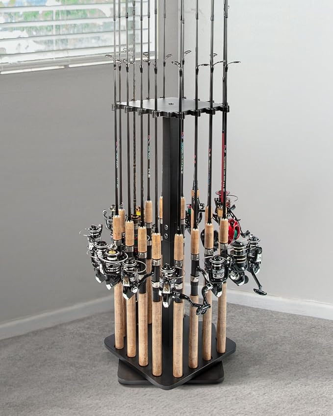 Ghosthorn Fishing Rod Holders for Garage 360 Degree Rotating Fishing Pole Rack, Floor Stand Holds up to 16 Rods Wood Fishing Gear Equipment Storage Organizer, Fishing Gifts for Men Women
