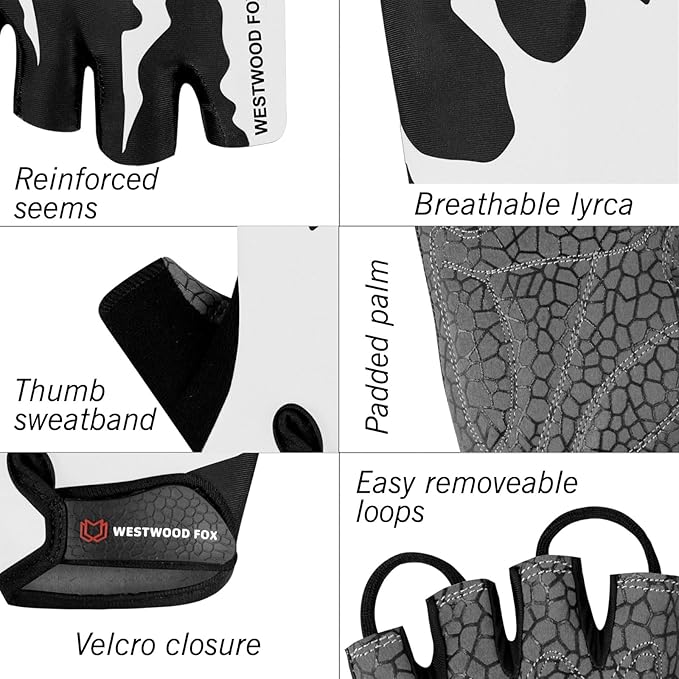 WESTWOOD FOX Cycling Gloves Half Finger Unisex Padded Grips Palm Bicycle Summer MTB Bike Gloves for Men Women Non-Slip Fingerless Short Mountain Bike Sports Hiking Climbing Gym