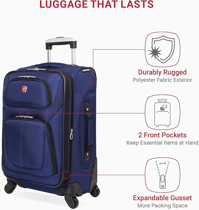 SwissGear Sion Softside Expandable Luggage – Carry-On Suitcase with 360 Degree Wheels & Retractable Handle – 21 Inch, Perfect for 1-3 Night Trips – Blue
