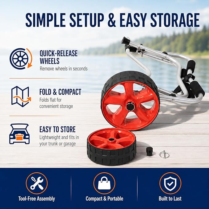 Kayak Cart with 10" Flat-Free 4-Inch Wide Wheels, 230 lb Heavy Duty Kayak Dolly Carrier, Foldable Aluminum Canoe Trolley with Tie Down Strap, Padded Bunk Support for Kayaks Canoes Paddle Boards