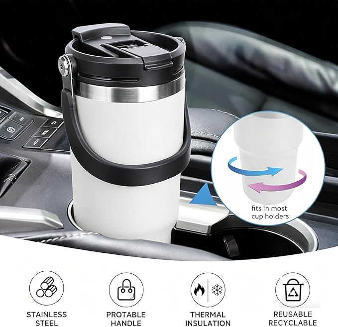 TYESO Tumbler with Handle,Tumbler with Straw, Vacuum Insulated Water Bottle,Double Wall Stainless Steel Coffee Cup Travel Mug Leak Proof Flip (White, 40 oz)