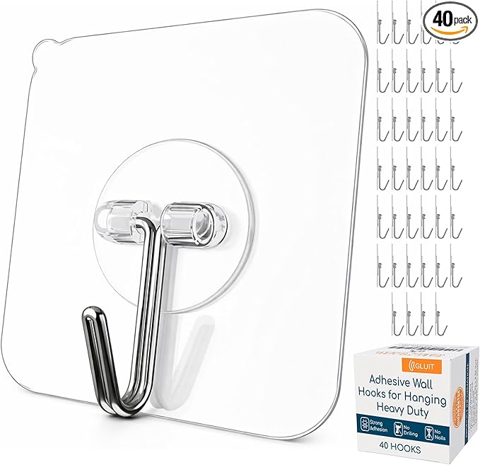 GLUIT Adhesive Wall Hooks for Hanging Heavy Duty 22 lbs Hooks for Walls No Damage, Towel Sticky Clear Hooks, Waterproof, Home, Bathroom, Kitchen, Office, and Outdoor, 40 Pack