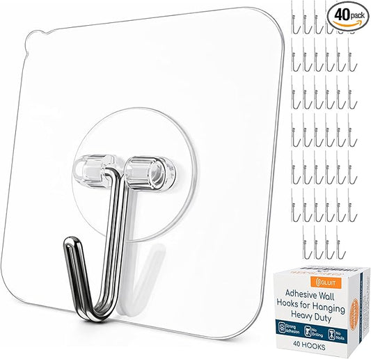 GLUIT Adhesive Wall Hooks for Hanging Heavy Duty 22 lbs Hooks for Walls No Damage, Towel Sticky Clear Hooks, Waterproof, Home, Bathroom, Kitchen, Office, and Outdoor, 40 Pack
