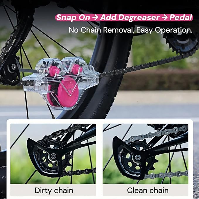 Upgraded Polycarbonate Bike Chain Cleaner Tool – Leak-Proof Chain Scrubber with 360° Automatic Brushes, No Chain Removal Drivetrain Maintenance Kit for MTB, Road & E-Bikes (Pink)