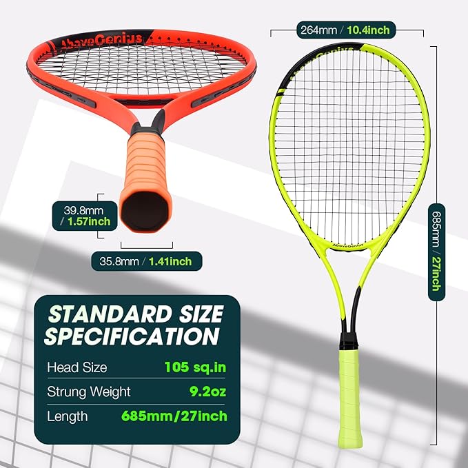 Neon Tennis Rackets 2 Pack for Adults- 27" Lightweight Aluminum Tennis Racquet Set with 3 Balls & Bag- Vibrant High-Visibility Matte Finish for Men Women Beginners