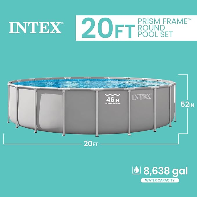 INTEX Prism Frame 20 ft x 52 in Above Ground Pool Set, Round Swimming Pool with Steel Frame, 1500 GPH Cartridge Filter Pump, Ladder, Cover, & Ground Cloth