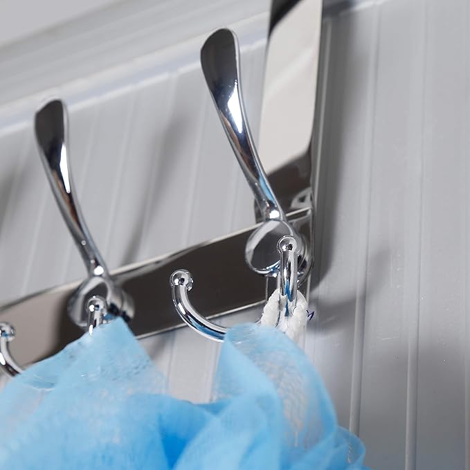 SKOLOO Over The Door Hook - for Doors up to 1-3/4'' Thickness, Pack of 2, Metal Door Hanger with 5 Triple Hooks, Over The Door Hanger for Coats, Hats,Towels, Silver, Assembly Required