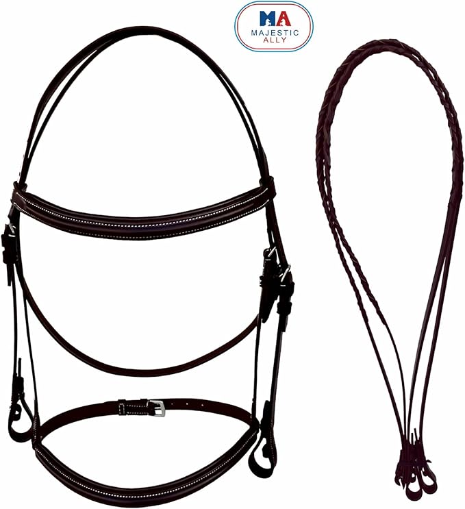 Majestic Ally Padded Raised English Bridle, Premium Leather, Matching Laced Reins