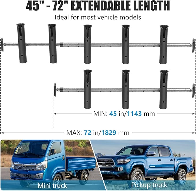 Inshore Rod Holder for Truck Bed, Fixed Truck Bed Fishing Rod Rack, Adjustable Rod Holder for Truck & SUV, Gifts Ideas for Men (Steel Body with Plastic Rod Bracket-Tension Rod, 5 Rod Holder)