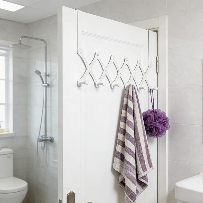 Expands Over The Door Hook Rack, Heavy Duty No Drill Hooks for Bathroom, Bedroom, Kitchen, Closet - Over The Door Hanger for Towels, Robes, Bags, Coats(White)