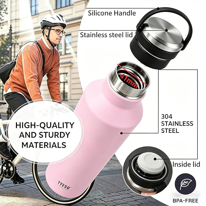TYESO Stainless Steel Vacuum Insulated Water Bottle, Insulated Water Bottle with Soft Silicone Carry Handle (PINK, 25 OZ)