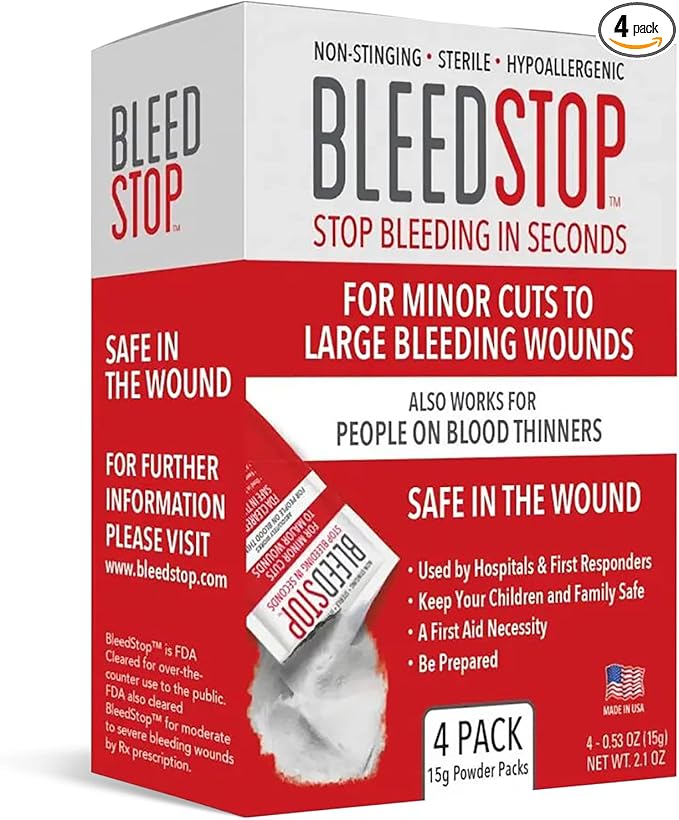 BleedStop™ 応急処置止血パウダー、外傷キット、血液凝固阻止剤服用者、キャンプの安全、中程度から重度の出血創傷または鼻血用サバイバル用品 – 4袋入り (15g)