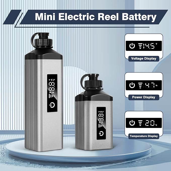 Mini Portable Fishing Reel Battery,5000mAh 14.8V Professional Electric Fishing Reel Lithium Battery with Charger,Smart Digital Display,Saltwater-Resistant