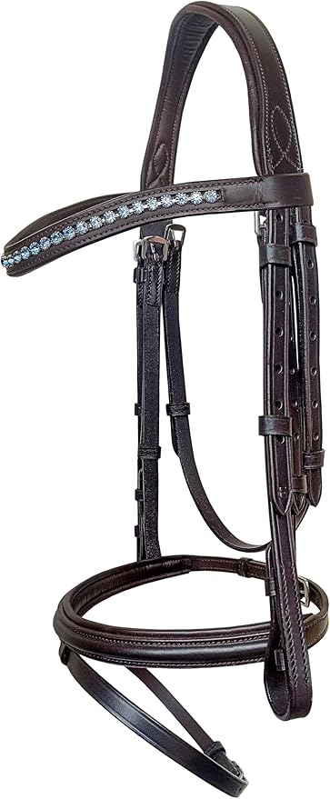 Equine Care Leather English Horse Bridle with Reins, Full Size, Choice of Browband Style, Padded Crown & Cavesson Noseband, Stainless Steel Hardware, Hunter Show Bridle.