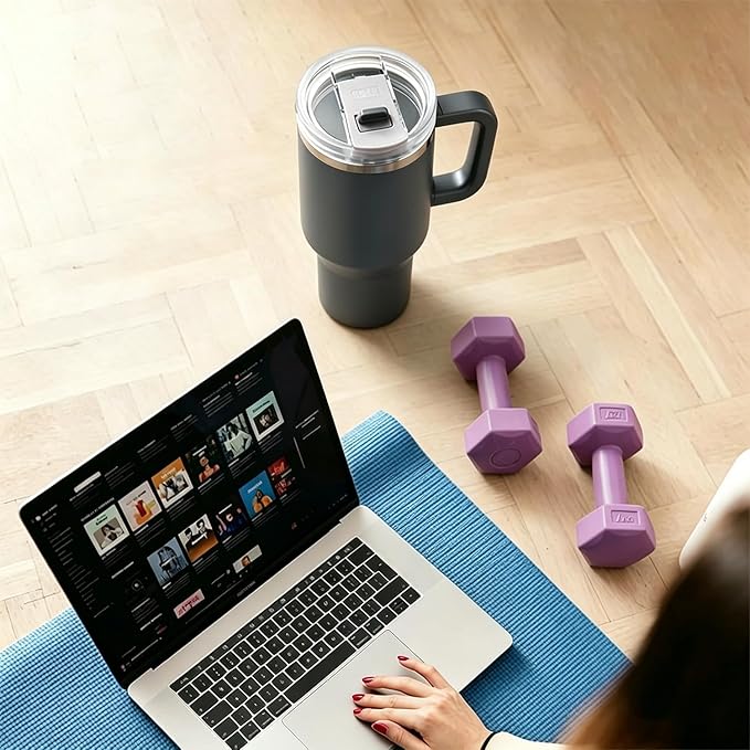 TYESO Vacuum Insulated Tumbler Water Bottle Cold Insulation Stainless Steel Bottle Straw Handle Mug Double Wall Wide Mouth (GRAY, 40 oz)