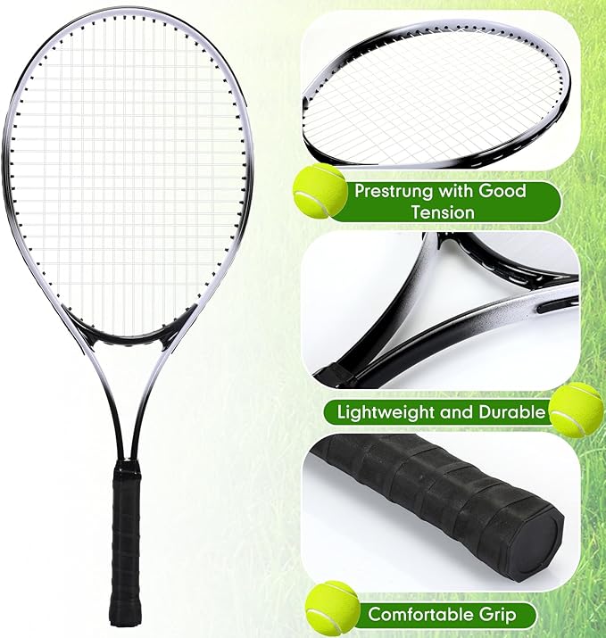 4 Pack Tennis Rackets for Adults Recreational 4 Players Pre Strung 27 Inch Tennis Racquets Lightweight Rackets Bulk with Balls Overgrips for Training