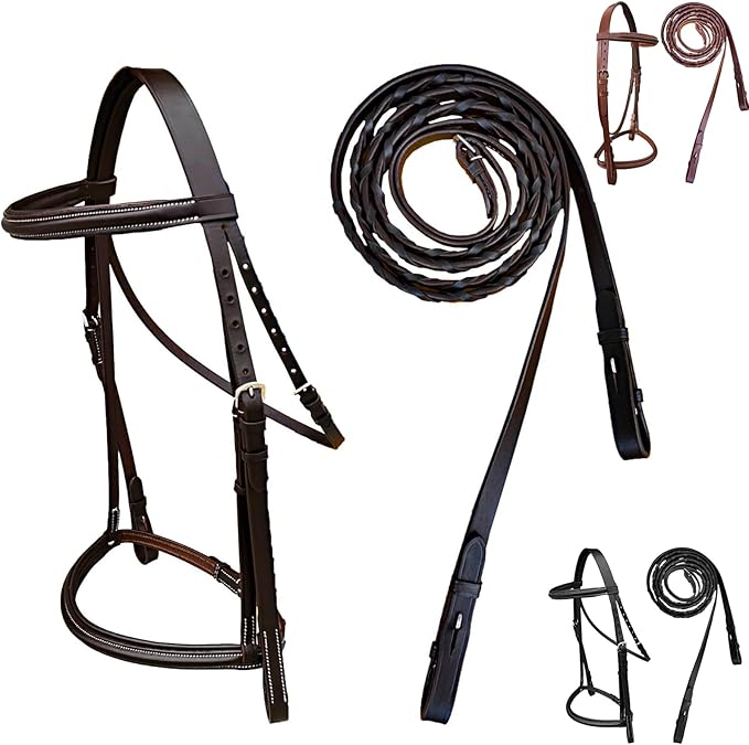 Majestic Ally Padded Raised English Bridle, Premium Leather, Matching Laced Reins