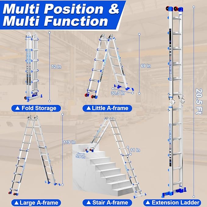 Telescoping A-Frame Ladder- 20FT Folding Extension Ladder with Wheels & Stabilizer Bar, 330lb Security Load Multi Position Ladders for Stairs Home Indoor Outdoor Roof