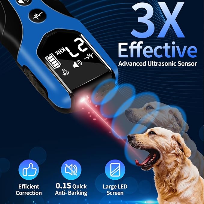 Dog Bark Deterrent Device, Anti Barking Device for Dogs 3X Ultrasonic to Correct Own or Neighbors Dog's Bad Behavior| 25ft Range, 5 Adjustable Modes Dog Training Device, Blue