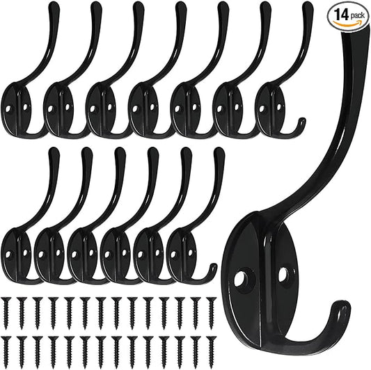 14 Pack Coat Hooks Wall Mounted with 28 Screws, Heavy Duty Black Towel Hooks Metal Double Hooks, No Rust Retro Rustic Wall Hooks for Hanging Towel, Coat, Scarf, Bag, Hat, Cup, Key