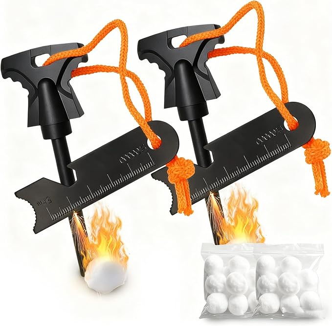 2PCS Magnesium Fire Starter with Striker, High Temp Magnesium Rod, Ferro Rod Fire Starter Survival Tool with 20Pack Waterproof Tinder and Steel Fire Striker for Camping, Hiking and Emergency