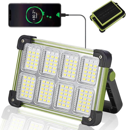 120Wソーラー充電式作業灯、144LEDポータブル投光器スタンド付き、IP66防水4モードLED作業場照明懐中電灯、整備、キャンプ、釣り、自動車修理用（グリーン1個）