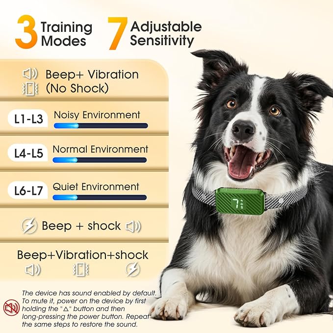 Dog Bark Collar for Large Medium Small Dogs, Effective No-Bark Collar, Smart Barking Collar, Rechargeable Bark Collar with 7 Sensitivity, 3 Modes, Waterproof,Green
