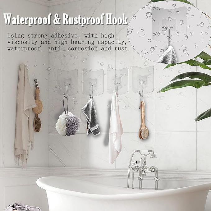 Adhesive Hooks for Hanging 6 Pack, 33 lbs Heavy Duty Wall Hooks 304 Stainless Steel Self Adhesive Towel Hook Waterproof Transparent Sticky Hooks for Kitchen Glass Door (6)