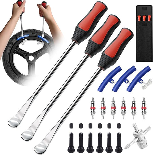 HTOMT 11.5" Tire Spoon Kit, 26pcs Tire Changing Tool for Motorcycle Dirt Bike Lawn Tractor Bicycle, Motorcycle Tire Changer Tire Removal Tool with 3pcs Rim Covers 6pcs Valve Tool Valve Cores(Red)