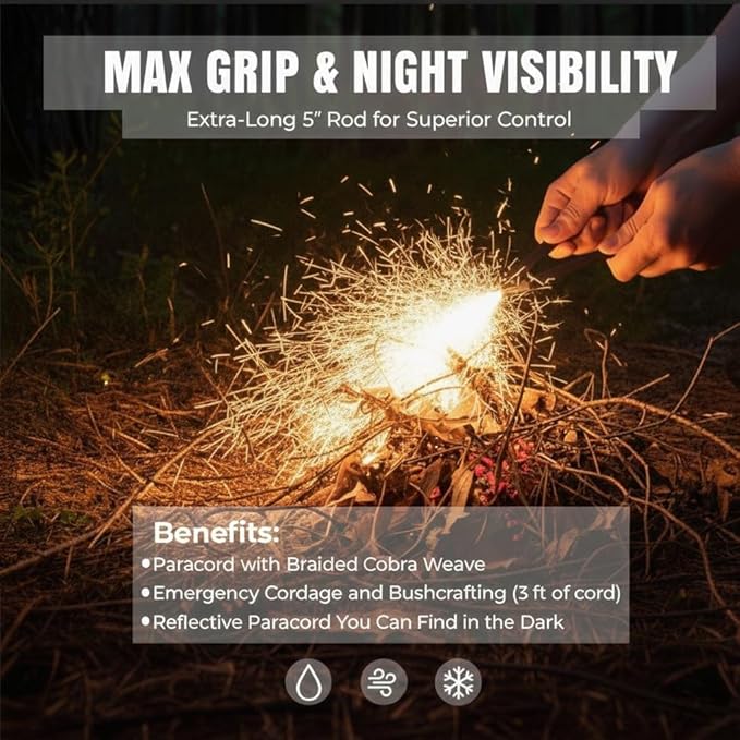 Tactiko 6-in-1 All-Weather Survival Fire Starter Kit - Complete Emergency Set with Ferro Rod, Striker, Fire Wax, 4 Waxed Wood Starters, Waterproof Matches, Collapsible Blower & Zippered Case