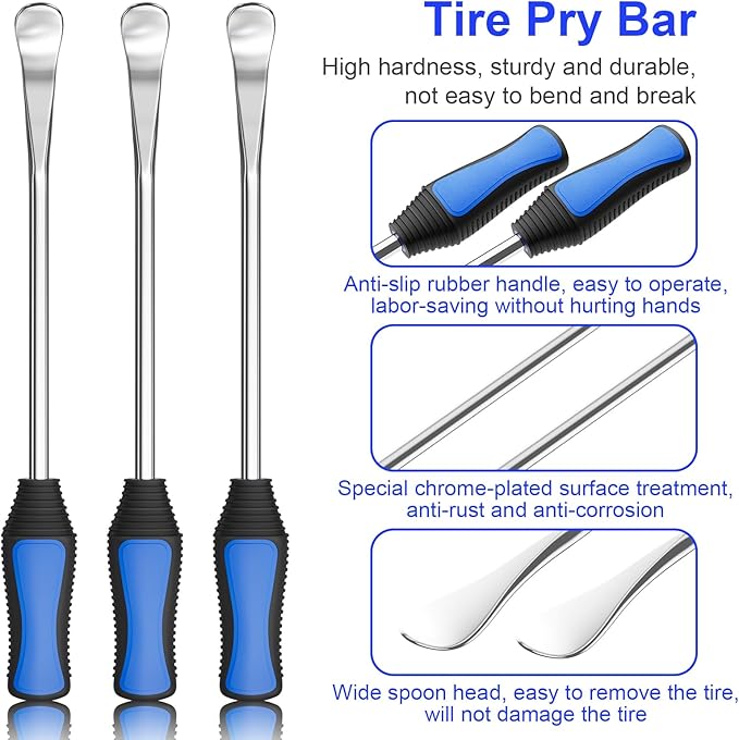 HTOMT 11.5" Tire Spoon Kit, 26pcs Tire Changing Tool for Motorcycle Dirt Bike Lawn Tractor Bicycle, Motorcycle Tire Changer Tire Removal Tool with 3pcs Rim Covers 6pcs Valve Tool Valve Cores(Blue)