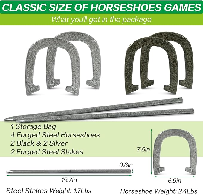 Horseshoes Outside Game - Steel Horseshoe Set - Yard Game Kit with 4 Heavy Duty Horseshoes, 2 Solid 24" Stakes & Carrying Bag - Classic Lawn Games for Adults, Backyard, Camping