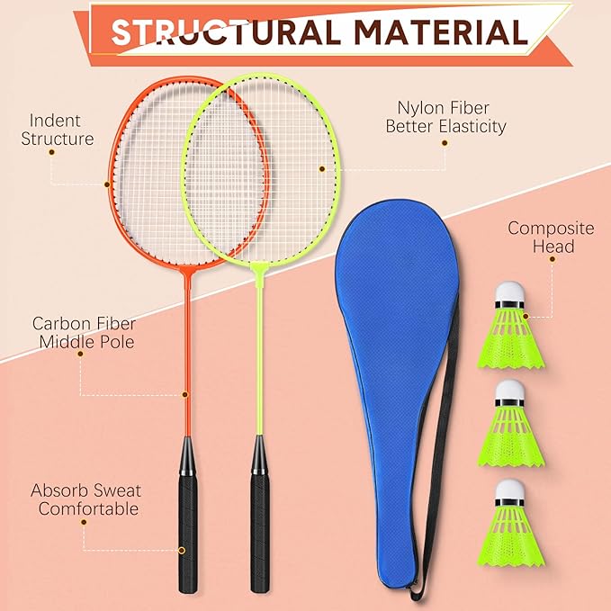 12 Pack Badminton Rackets Set Including Badminton Racquets, Nylon Shuttlecocks and Carry Bag for Outdoor Backyard Games Beginners