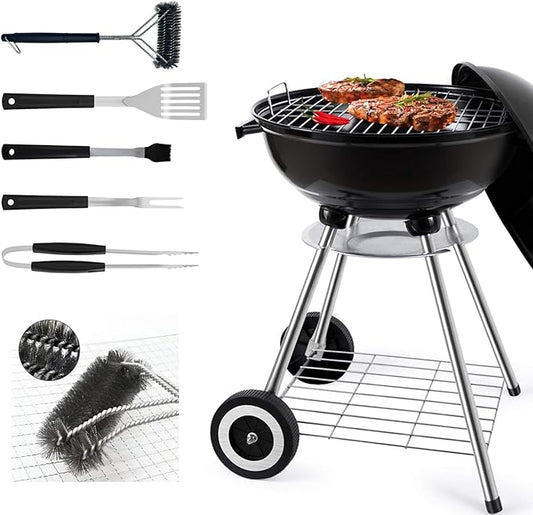 18 Inch Portable Charcoal Grill with Accessories for Outdoor Cooking Barbecue Camping BBQ Coal Kettle - Mini Grilling Utensil Includes Tongs, Spatula,Fork,Basting Brush, Scraper