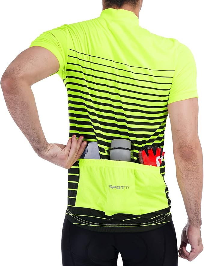 Spotti Men's Cycling Bike Jersey Short Sleeve with 3 Rear Pockets- Moisture Wicking, Breathable, Quick Dry Biking Shirt