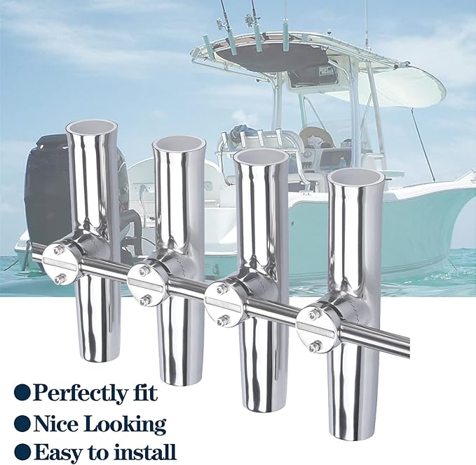2PCS Tournament Style Boat Fishing Rod Holders, 316 Stainless Steel Clamp on 7/8" to 1" Rail, 360 Adjustable Fishing Rod Holder