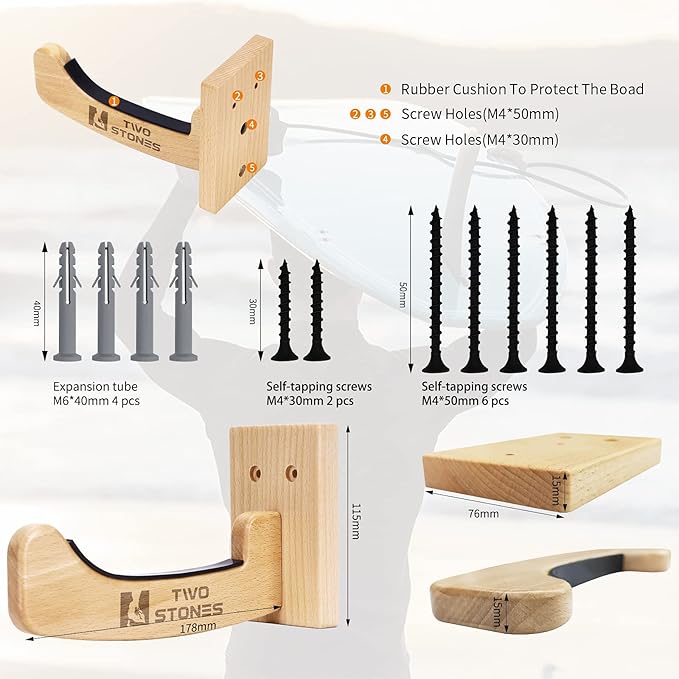 TWO STONES Surfboard Racks for The Wall, Surfboard Rack Hanger Works as a Shortboard, Skimboard & Longboard Hanger or Stand Indoor or Outdoor