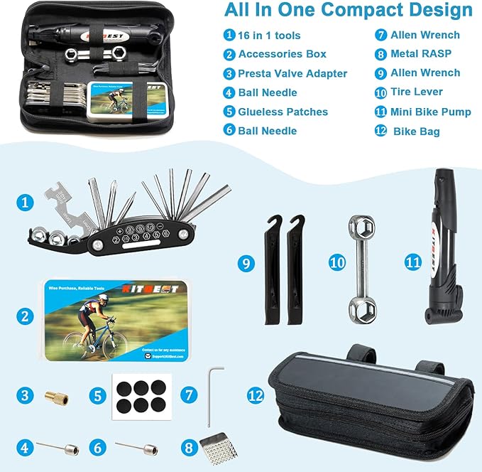 Kitbest Bike Repair Tool Kit. 100 PSI Mini Bike Pump, Tire Puncture Repair Kit, 16 in 1 Bike Multi Tool, Glueless Tire Patch Kit, Bicycle Tire Lever and Bike Bag
