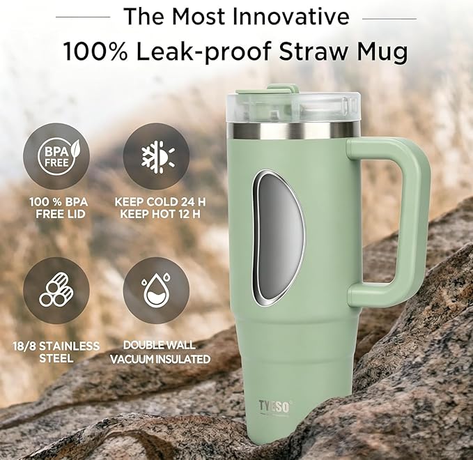 TYESO Vacuum Insulated Tumbler Water Bottle Cold Insulation Stainless Steel Bottle Straw Handle Mug Double Wall Wide Mouth (LIGHT GREEN, 40 oz)
