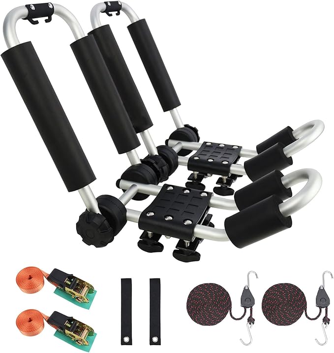 Upgraded Universal Folding Kayak Rack, J-Bar Carrier for Canoe Boat SUP Ski, Mount on Car Roof Top Crossbar, Includes 4 Ratchet Straps, 2 Anchor Straps (1 Pair, Aluminum)