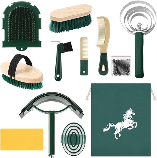 Abbylike 12 Pieces Horse Grooming Kit Racing Festival Tack Room Supplies Horse Brush Sets Equine Care Cleaning Kit Shedding Grooming Massaging Tools (Khaki and Green)