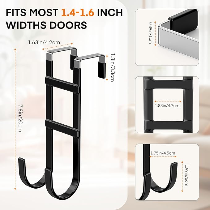 FYY Over The Door Hooks - 4 Pack Heavy Duty Dual-Hook Organizer Hanger with Non-Slip Rubber for Towels, Clothes, Hats & Bags Use in Bathroom, Bedroom, Kitchen - Fits Interior Doors Up to 1.6" Black
