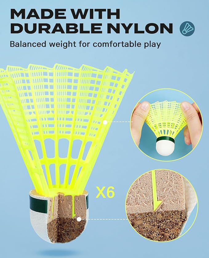 Badminton Rackets Set of 4 for Outdoor Backyard Games, Including 4 Rackets, 6 Nylon Badminton Shuttlecocks, Lightweight Badminton Racquets for Beginners